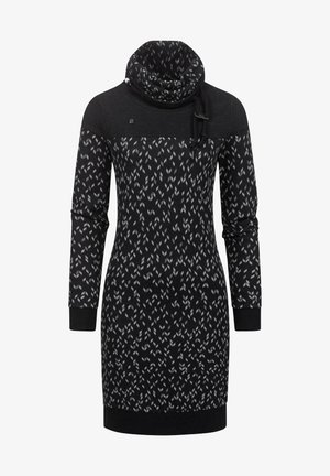 Robe noire avec un col drapé, ornée de motifs en forme de flèches blanches et grises. Elle possède des manches longues et des poignets et ourlet noirs unis.