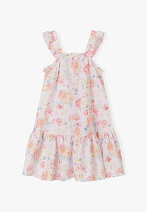 Abito floreale in tessuto rosa chiaro con spalline volant, orlo svasato e un motivo di fiori e foglie colorati. Materiale morbido e leggero.