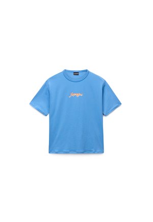 Tricou albastru din bumbac cu mâneci scurte, având "napapijri" brodat în portocaliu cursiv pe față, cu decolteu rotund la gât.