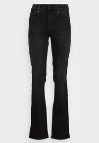 Jean en denim noir taille mi-haute, style cinq poches et coupe droite.