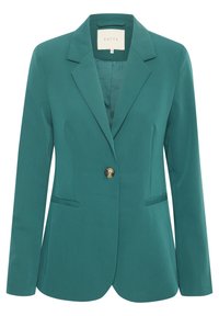 Teal bleiseri, jolla on rakenteellinen muotoilu, viisto kaulus, yksittäinen kultainen napitus ja kaksi etutaskua. Sileä kangasrakenteeltaan.