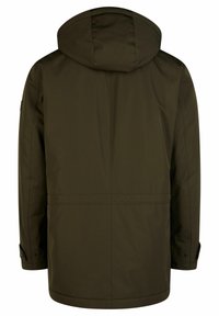 Veste à capuche vert foncé avec manches longues, poignets à boutons et détails de coutures dans le dos et à la taille.