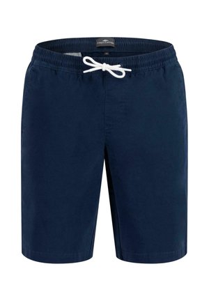 Marineblå badeshorts med elastisk liv, hvit snor og sidelommer. Glatt tekstur og knelangs design.