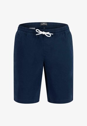 Granatowe kąpielówki z elastyczną talią, białym sznurkiem i bocznymi kieszeniami. Gładka tekstura i długość do kolan.