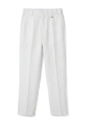 Pantalon blanc droit avec taille élastique, fermeture par bouton, passants ceinture, poches latérales et petit détail de boucle en métal.