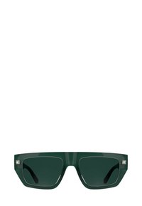 Occhiali da sole verdi oversize con lenti scure, montature quadrate e dettagli argentati sulle aste. Realizzati in materiale plastico liscio.