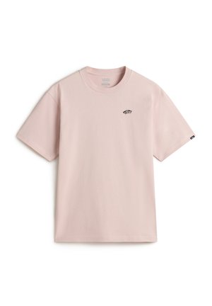 Light pink cotton t-shirt with short sleeves and a round neckline, featuring a small black Vans logo on the chest. Basic design, no patterns.