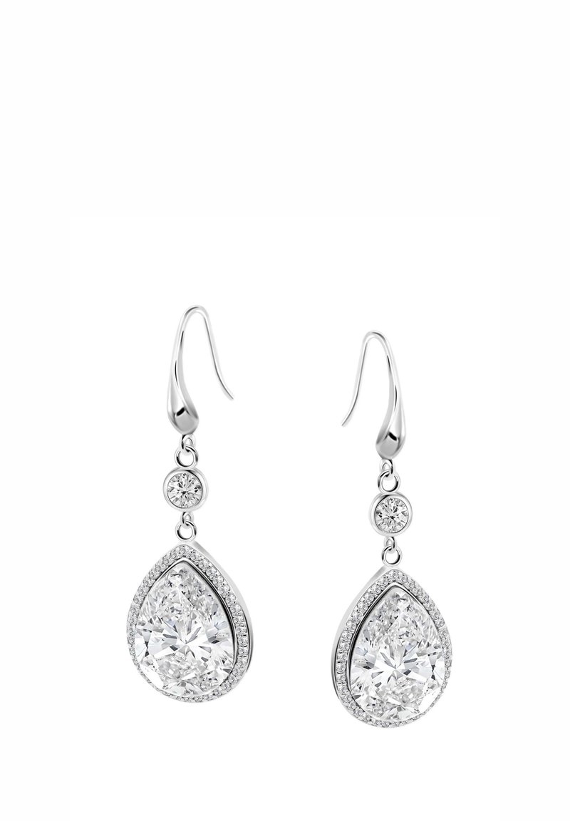 Droplet earrings with a teardrop design in silver, featuring large clear gemstones surrounded by smaller clear stones, hanging from hooks.