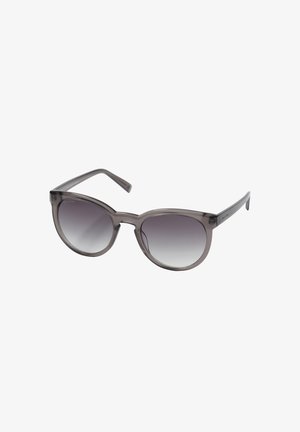 Occhiali da sole con gradiente grigio e forma a gatto arrotondata. Realizzati in plastica leggera con stanghette sottili e un branding discreto su un lato.