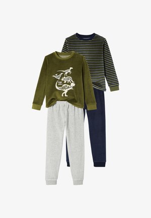Two pairs of children's pajamas: one olive green with a dinosaur graphic, and one navy striped. Grey and navy pants are soft cotton material.