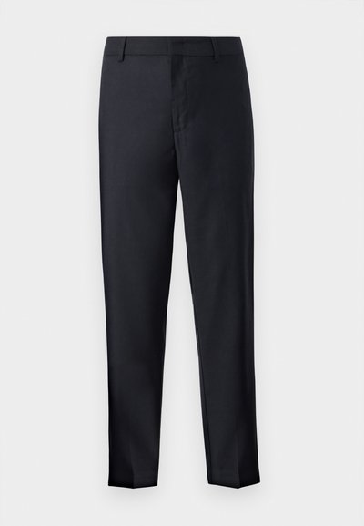 Calças de vestir azul-marinho com uma textura suave, corte reto, bolsos inclinados e fecho oculto. Design frontal liso e bainhas embaladas.