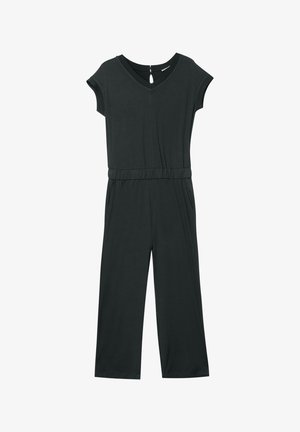 Zwarte jumpsuit met V-hals, korte mouwen, een cinched taille en een brede pijpdesign. Gemaakt van zachte stof; voorzien van een sleutelgatdetail op de rug.
