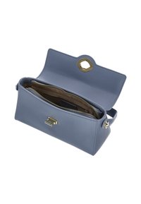 Blå läderhandväska med detaljer i guldmetall. Har en innerficka med dragkedja och en strukturerad form. Fodrad med ett ljusbrunt tyg.