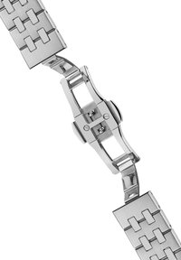 Zilveren metalen horlogeband met een geborstelde afwerking, bestaande uit rechthoekige schakels en een vouwsluiting, die een strakke, moderne uitstraling heeft.