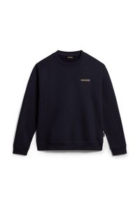 Felpa blu navy con scollo rotondo, polsini e orlo a costine, con un piccolo logo ricamato sul petto a sinistra. Tessuto dalla texture morbida.