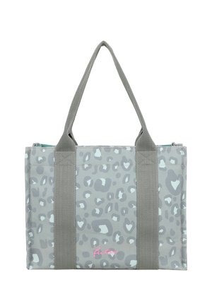 Graue Tragetasche mit Leopardenmuster, breiten Stoffgriffen und rosa "Futier"-Schriftzug mittig auf der Vorderseite.