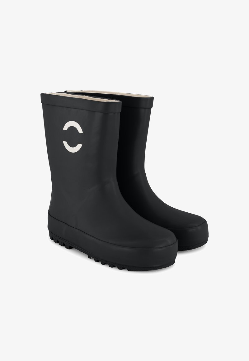 Black rubber rain boots with a smooth surface, molded design, and a white circular logo on the side. Textured sole for traction.