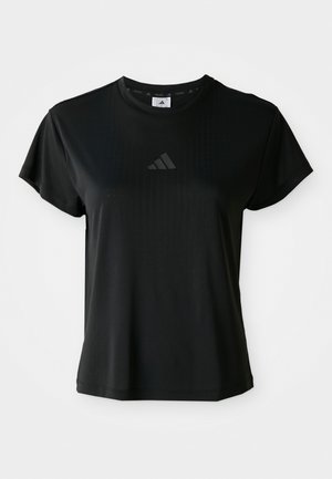 Black athletic t-shirt made of lightweight fabric, featuring a crew neckline, short sleeves, and a subtle logo on the chest.