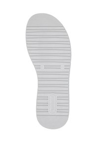 Soletta in gomma bianca con una superficie testurizzata, caratterizzata da scanalature orizzontali e un logo circolare al centro. Taglia contrassegnata come 37.