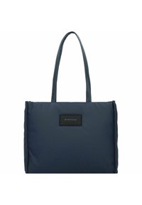 Sac fourre-tout en nylon bleu marine avec poignées doubles, de forme rectangulaire, présentant une surface texturée et un patch logo noir à l'avant.