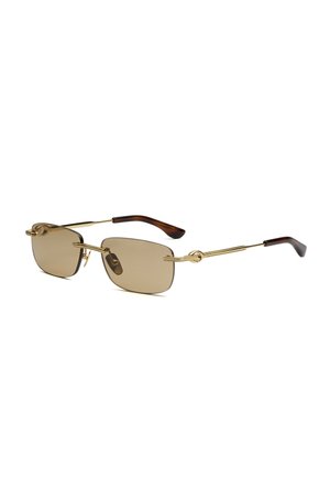 Lunettes de soleil rectangulaires sans monture teintées en marron avec des branches en métal doré et des embouts incurvés marron foncé.