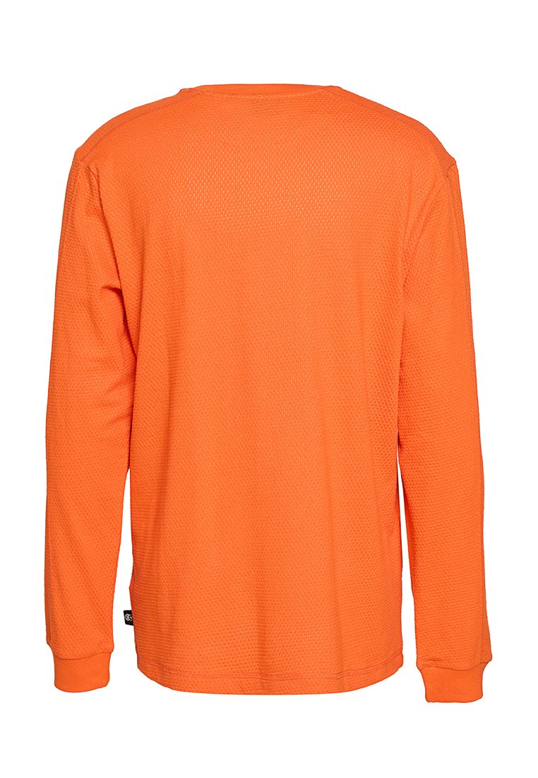 Pomarańczowa, długosługowa koszula dzianinowa z teksturą, z prążkowanymi mankietami, pokazana od tyłu na białym tle.