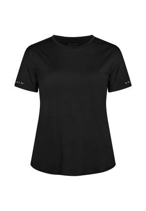 Camiseta negra de manga corta con cuello redondo, hecha de una tela suave. Presenta un logotipo sutil en la manga izquierda y un dobladillo curvado.