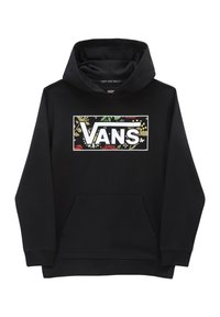 Sudadera negra con bolsillo frontal, que presenta un logotipo rectangular blanco de Vans. El logotipo tiene un diseño floral en varios colores.