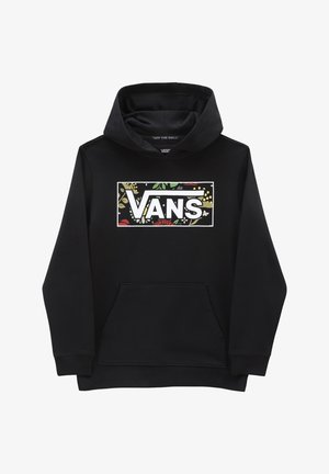 Sort hættetrøje med en frontlomme, der har et hvidt rektangulært Vans-logo. Logoet har et blomstermotiv i forskellige farver.