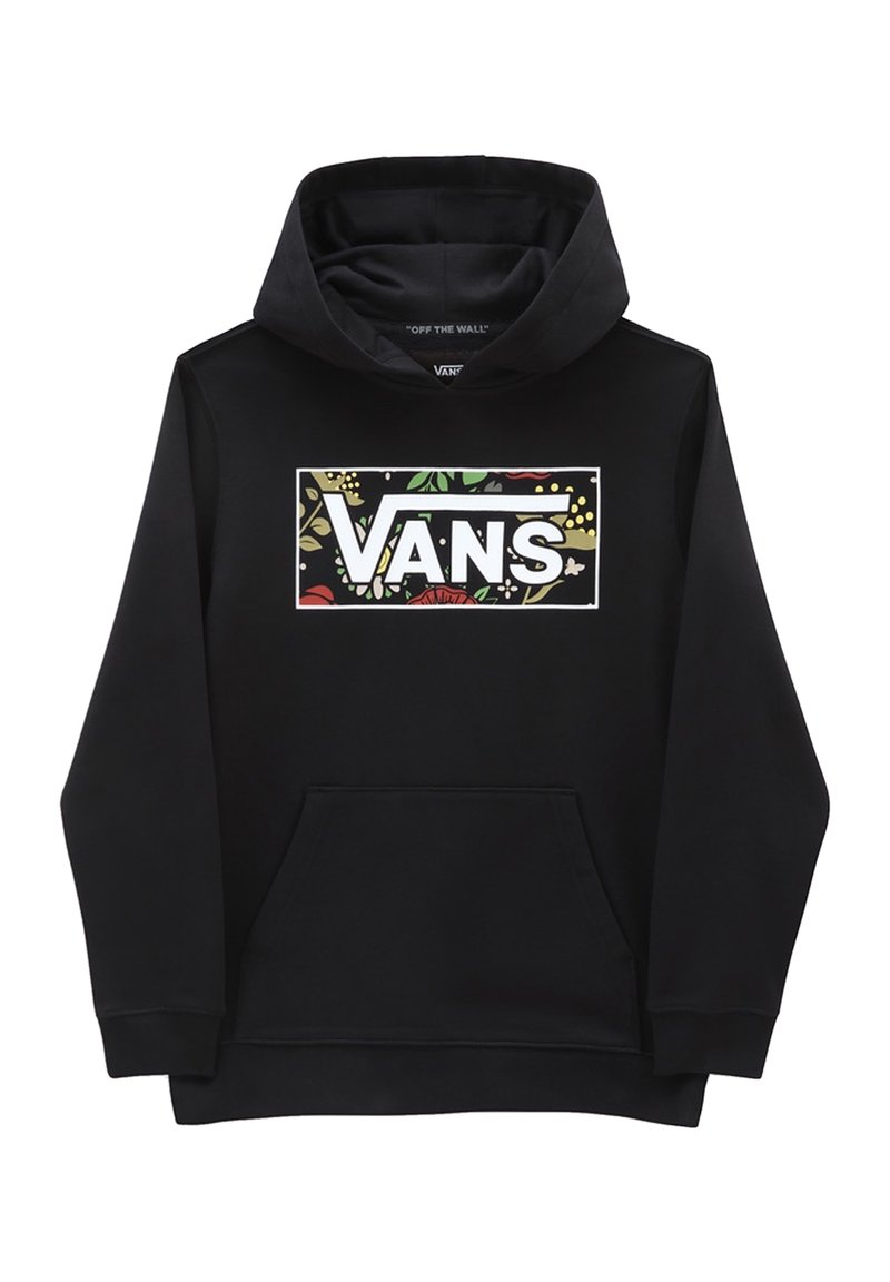 Sudadera negra con bolsillo frontal, que presenta un logotipo rectangular blanco de Vans. El logotipo tiene un diseño floral en varios colores.