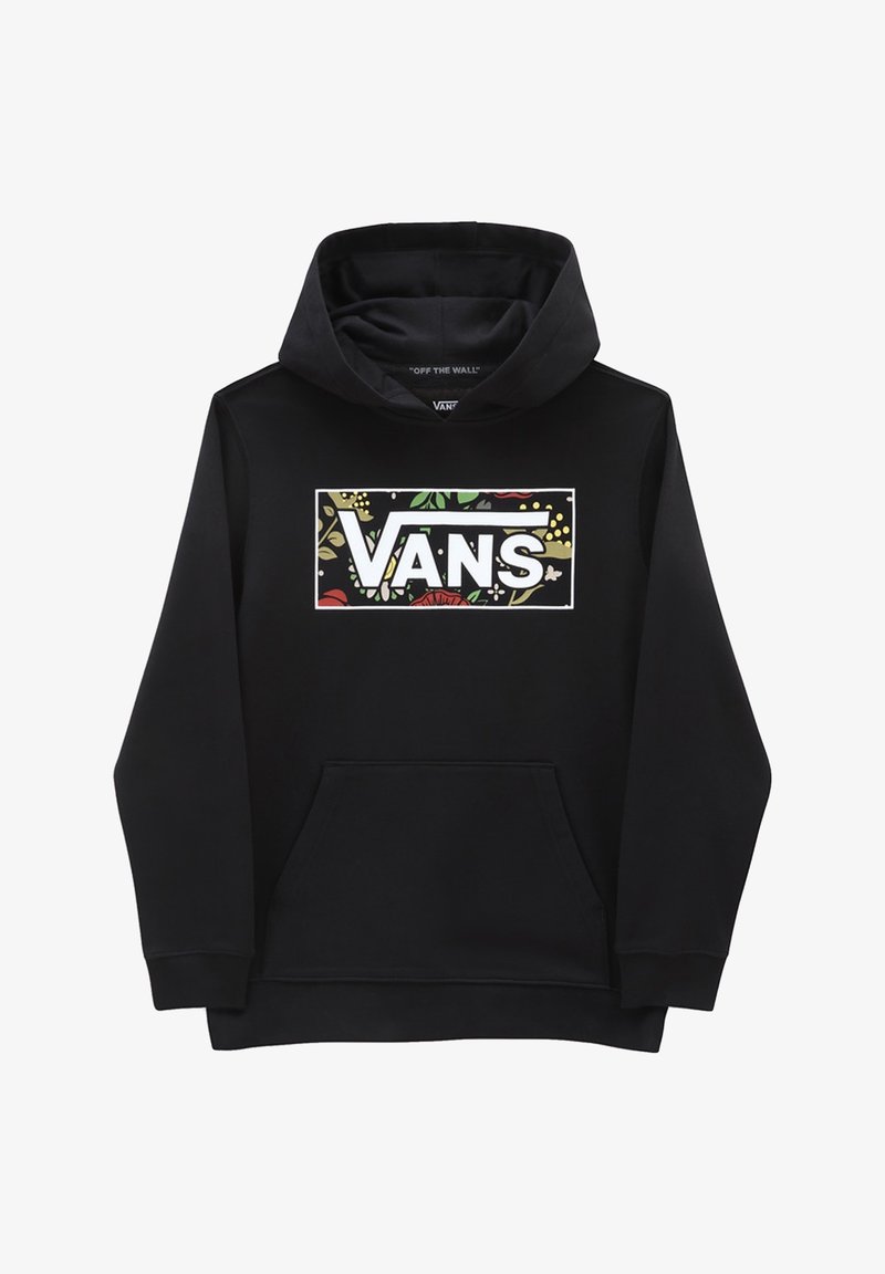 Schwarzer Hoodie mit einer Fronttasche, ausgestattet mit einem weißen rechteckigen Vans-Logo. Das Logo hat ein florales Design in verschiedenen Farben.