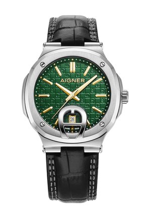 Green patterned dial watch with gold hands and markers, stainless steel case, black leather strap, and date window at 6 o'clock.