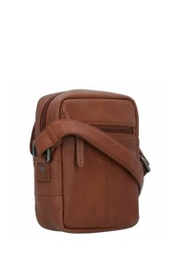 Borsa a tracolla in pelle marrone con una texture liscia, forma rettangolare, tasca frontale con zip e tracolla regolabile. Dettagli in metallo.