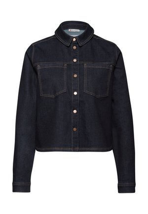 Giacca in denim scuro con colletto, chiusura a bottoni, due tasche sul petto e cuciture contrastanti color sabbia. Lunghezza cropped e maniche lunghe.