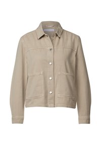 Veste en denim beige avec col, fermeture à boutons sur le devant et deux grandes poches plaquées, au toucher lisse et à la coupe ajustée.