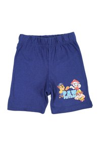 Shorts en coton bleu marine avec ceinture élastique, ornés d'un graphisme coloré de dessin animé "Paw Patrol" sur le côté gauche.