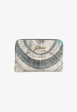 Portafoglio con zip caratterizzato da un design testurizzato e multicolore con motivi concentrici e ferramenta dorata. Il materiale ha una finitura liscia e durevole.