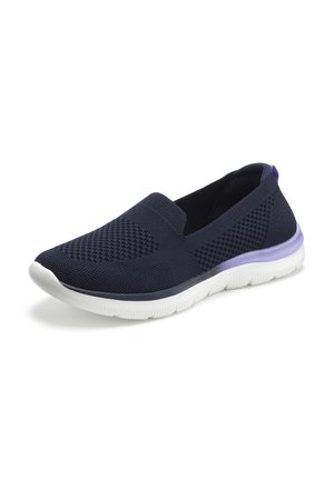 Navy slip-on knitted sneaker with white rubber sole and purple detail, designed for lightweight comfort and breathability.