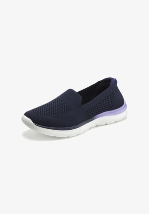 Navy slip-on knitted sneaker with white rubber sole and purple detail, designed for lightweight comfort and breathability.
