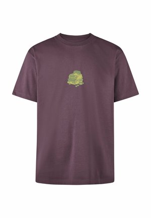 Purple cotton t-shirt featuring a central green graphic of stacked cash and a vintage cash register, round neckline, short sleeves.
