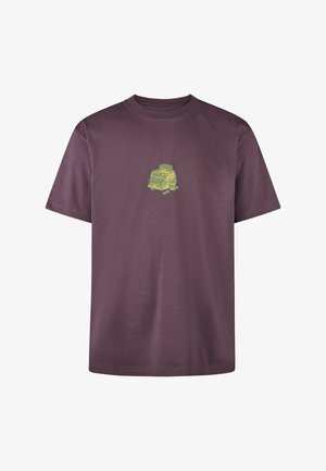 Purple cotton t-shirt featuring a central green graphic of stacked cash and a vintage cash register, round neckline, short sleeves.