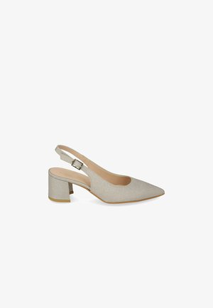Décolleté slingback glitter argento con punta appuntita, cinturino regolabile con fibbia e tacco medio a blocco su sfondo bianco.