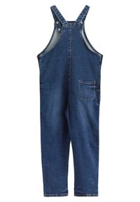 Denim sammenbrudd i mørk blå farge, med justerbare stropper, en frontlomme og et klassisk design med en glatt tekstur.