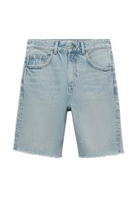 Světlé modré džíny šortky s přímým střihem, roztrhaným lemem a designem s pěti kapsami. Obsahují kovový knoflík a poutka na opasek.