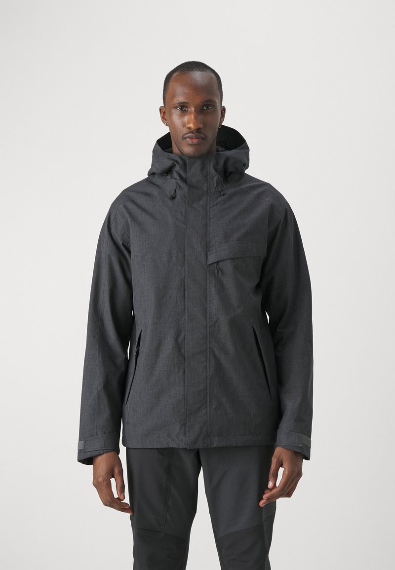 Gray jacket with a hood and front zip, featuring a chest pocket and side pockets. Made from a textured, lightweight fabric.