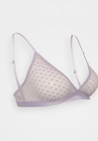 Vaaleanlila bralette, jossa on läpikuultava pisteverkko дызайн, säädettävät olkaimet, aaltoilevat reunat ja pehmeä vyö alareunassa.