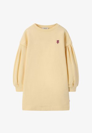 Hellgelbes langärmliges Kleid mit Puffärmeln und kleiner lila Blumenstickerei auf der linken Brust.