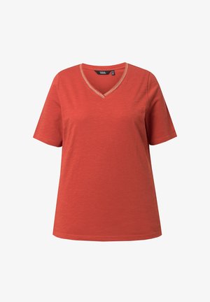Ulla Popken, T-SHIRT, STICKEREI, CLASSIC, V-AUSSCHNITT, HALBARM - T-shirt basic - terra