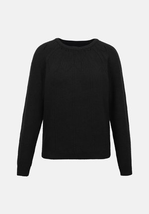 Musta neulepusero, jossa on pyöreä pääntie, teksturoitu kuvio sekä resorit hihansuissa ja helmassa. Normaali istuvuus, pitkät hihat.