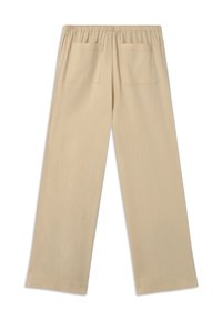 Pantaloni beige a gamba larga con vita elastica e due tasche posteriori, con una texture liscia e orlo dritto.